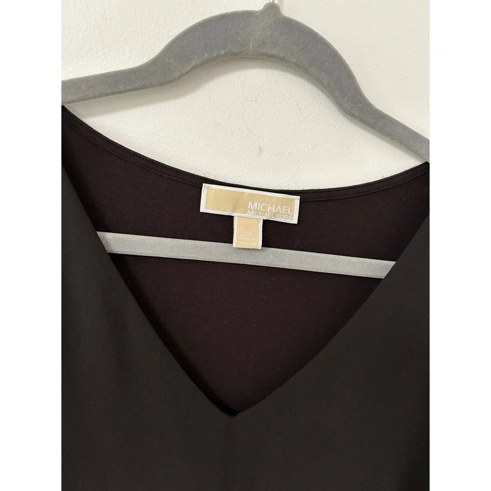 Michael Kors Layered Hem Tunic Women 2X Black Minimalist 3/4 Sleeve V-Neck Top